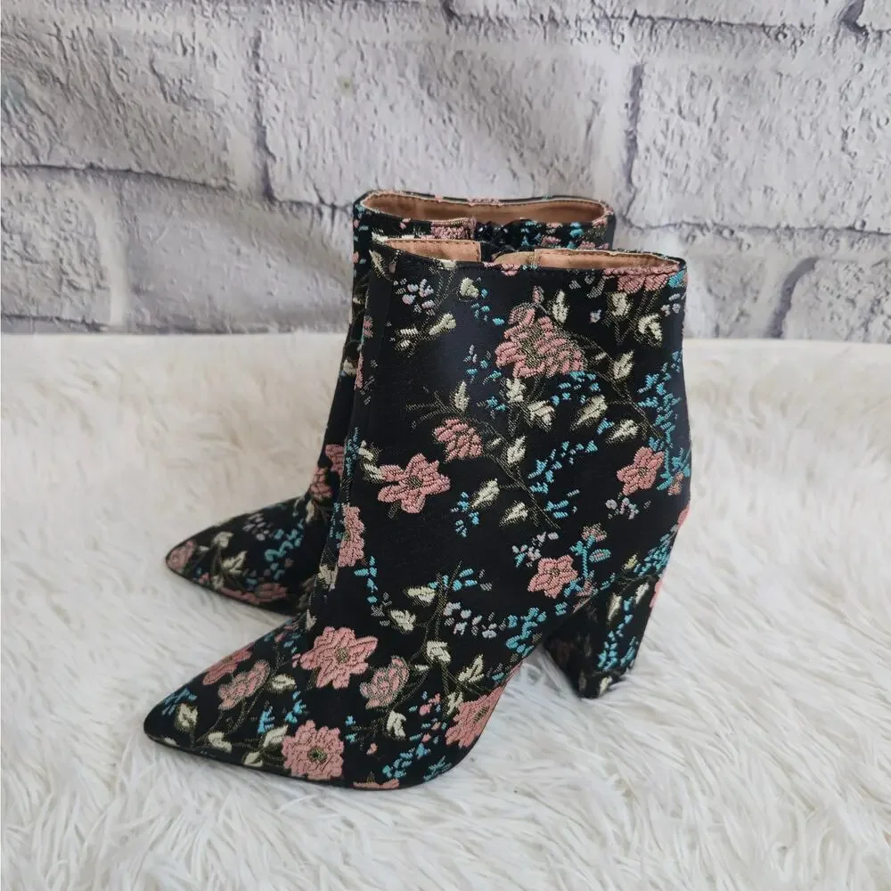 Charlotte Russe Black And Pink Floral Embroidered Dark Romantic Ankle Boots